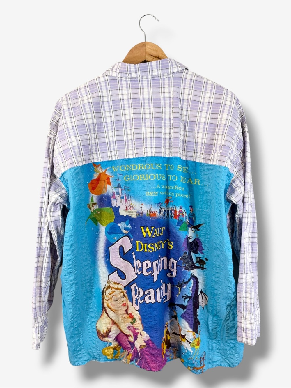 Disney Parks Sleeping Beauty Button Up Shirt Size L 2025 Purple Plaid Gingham